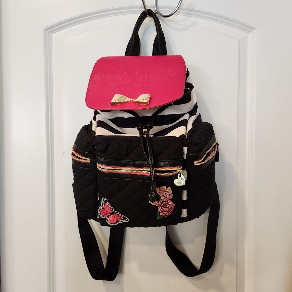 Betsey Johnson Striped Black White Pink Quilted Backpack